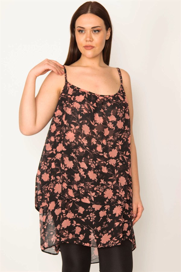 Kadın Renkli Desenli Şifon Kumaş Askılı Katlı Tunik 65N32041