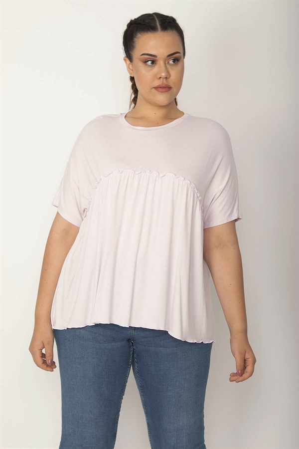 Kadın Pembe Göğüs Büzgü Detaylı Düşük Kollu Viskon Bluz 65N27247