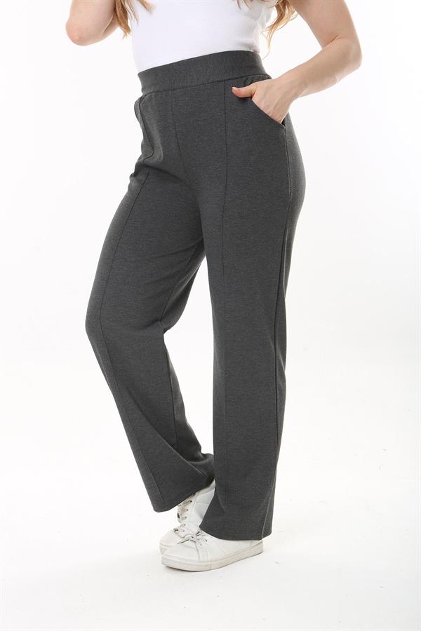 Kadın Büyük Beden Füme Ütü İzi Çima Dikişli Likralı Yan Cepli Pantolon 65N37564