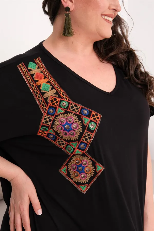 Kadın Büyük Beden Siyah, Nakış Rahat Kesim Elbise 65N39442