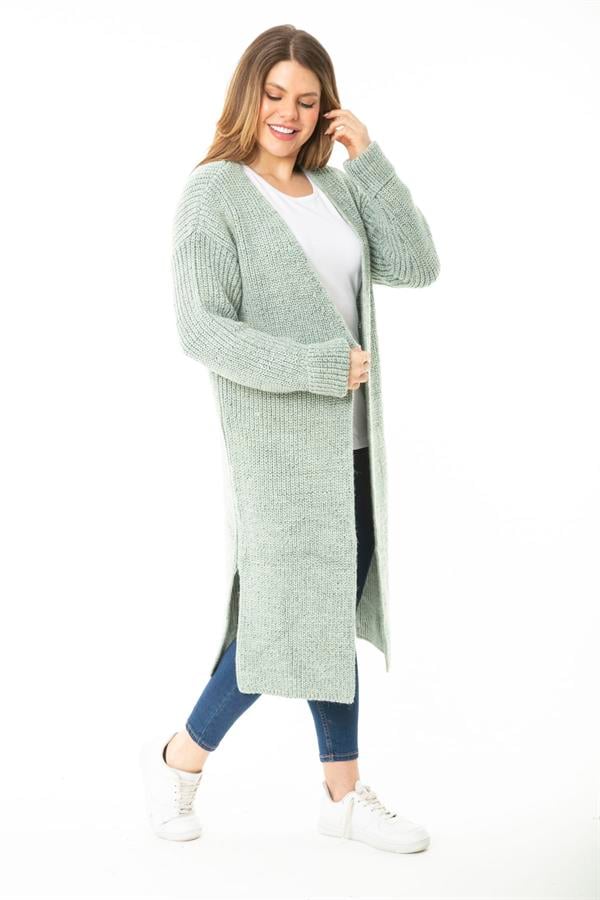 Kadın Büyük Beden Yeşil Yırtmaçlı Kalın Triko Uzun Hırka 65N37140