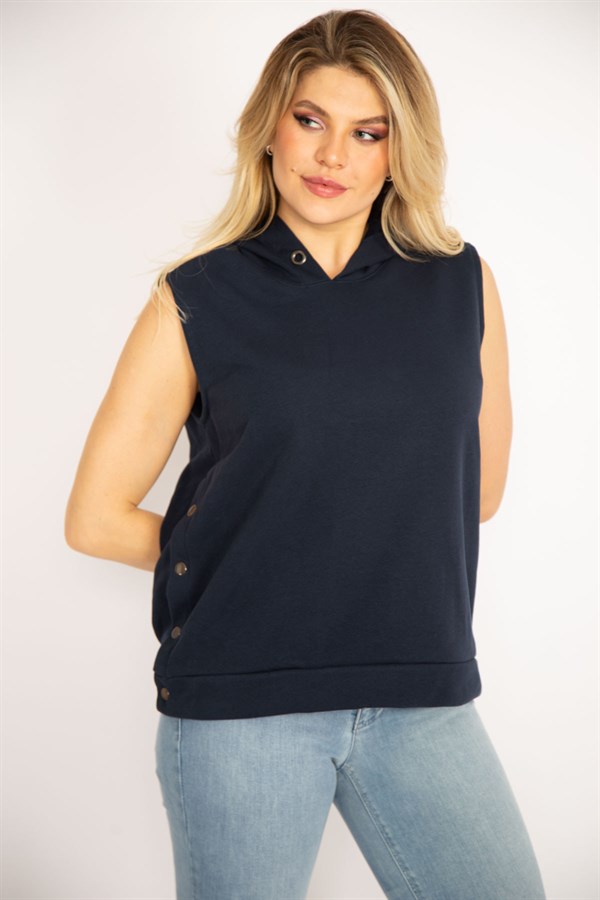 Kadın Lacivert Yanı Çıtçıt Yırtmaçlı Kapşonlu Kolsuz Sweatshirt 65N34829