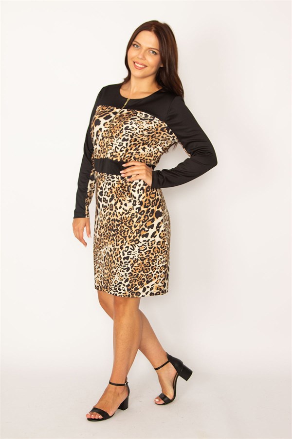 Kadın Leopar Desenli Önü Yarım Fermuarlı Elbise 26A34156