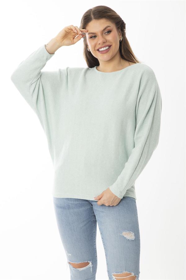 Kadın Büyük Beden Lila Yarasa Kol Kendinden Çizgili Yün Viskon Bluz 65N37007