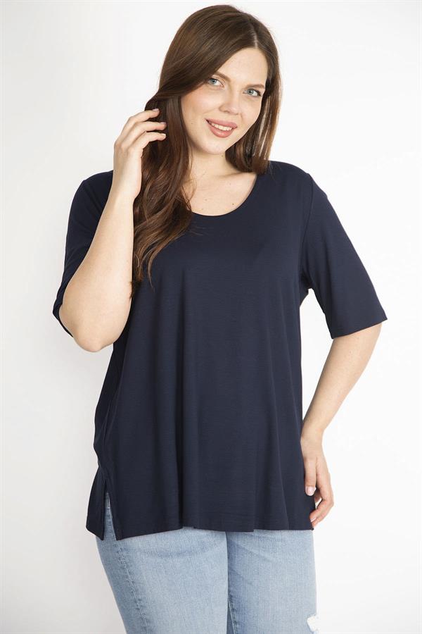 Kadın Lacivert Büyük Beden Önü İki Katlı Kısa Kollu Likralı Bluz