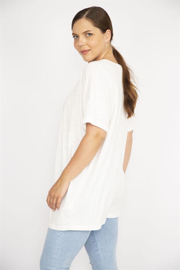 Kadın Kemik Büyük Beden Bisiklet Yakalı Kısa Kollu Bluz