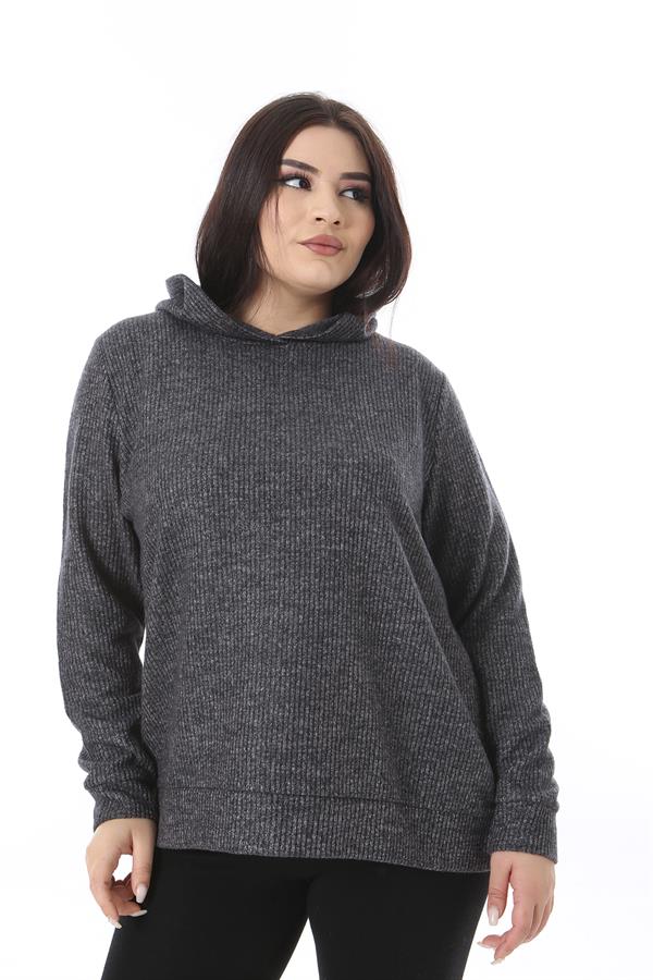 Kadın Büyük Beden Antrasit Yün Viskon Kumaş Kapşonlu Sweatshirt 65N38520