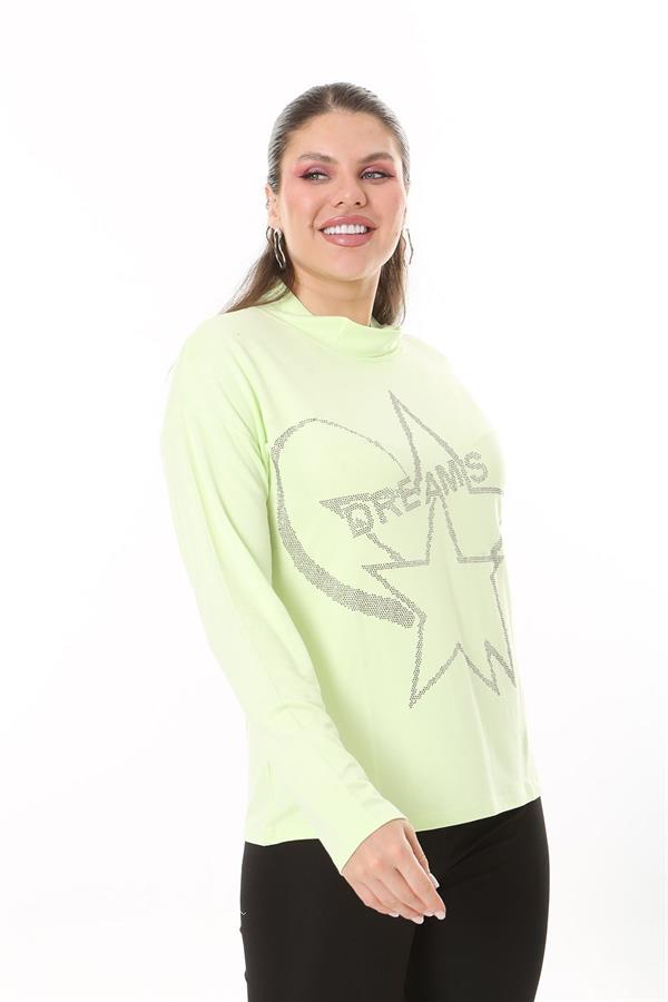 Kadın Büyük Beden Yeşil Sıfır Yaka Taş Detaylı Uzun Kollu Bluz 65N37708