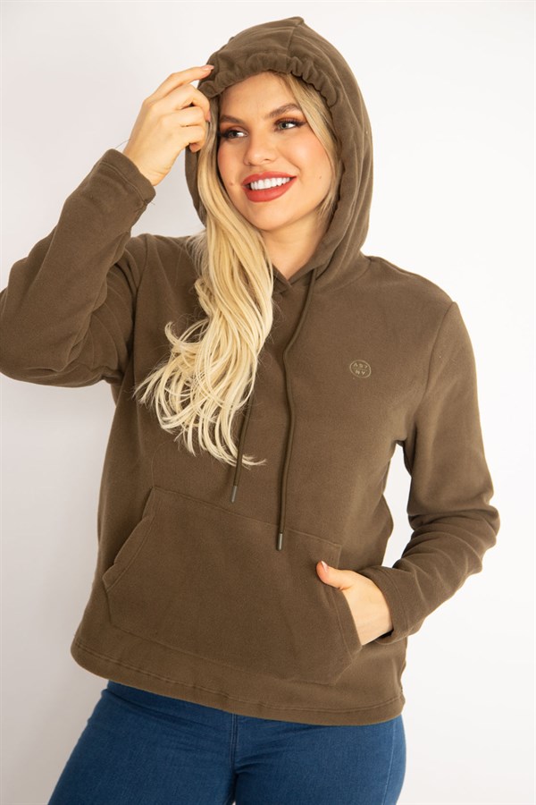 Kadın Haki Kapşonlu Kanguru Cep Polar Sweatshirt 26A35074