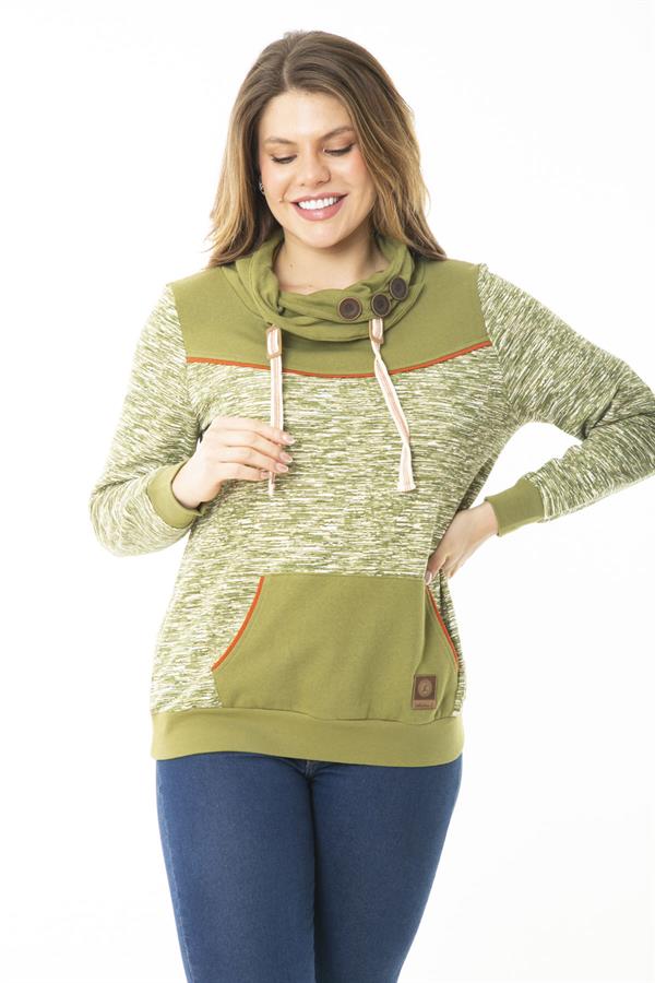 Kadın Büyük Beden Kuşgözü Bağcık Ve Süs Düğme Detaylı Kanguru Cepli Dik Yaka Sweatshirt 65N37122