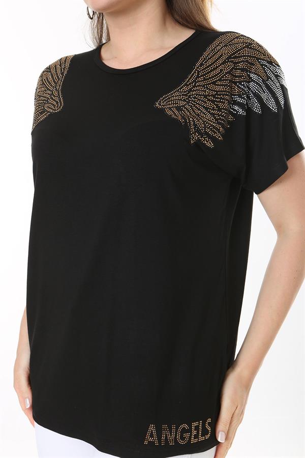 Kadın Büyük Beden Saks Angels Taş Detaylı Kısa Kollu Bluz 65N37675
