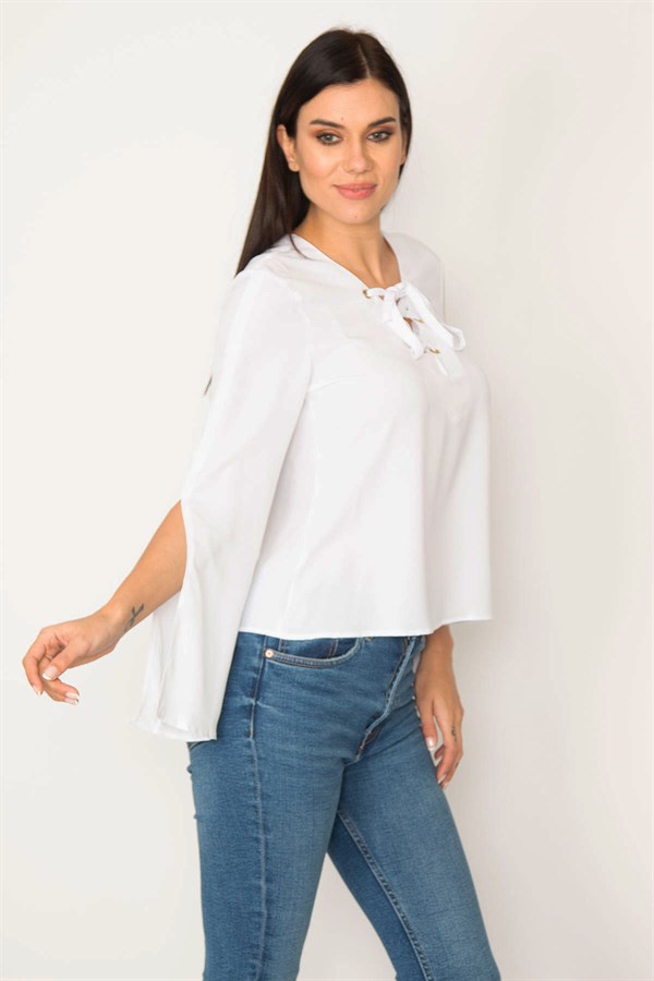WOMEN'S WHITE COLLAR STRIPED BLOUSE WITH EYELET LACE DETAIL AND SLEEVE SLIT