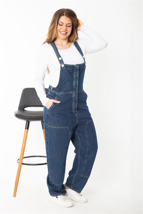 Salopette en jean bleu marine pour femme, boutonnée et à bretelles dissimulées, 65N37372