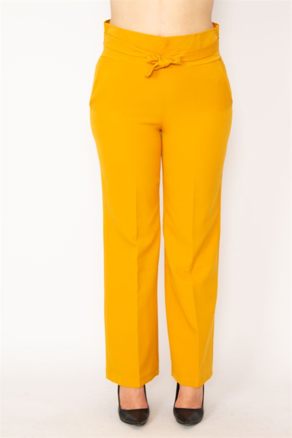 Kadın Hardal Beli Kuşak Bağlamalı Yan Gizli Fermuarlı Pantolon 65N33793