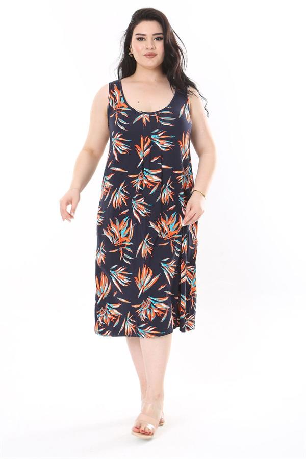 Kadın Büyük Beden Renkli Bisiklet Yakalı Göğüs Pileli Kolsuz Uzun Elbise 65N37946