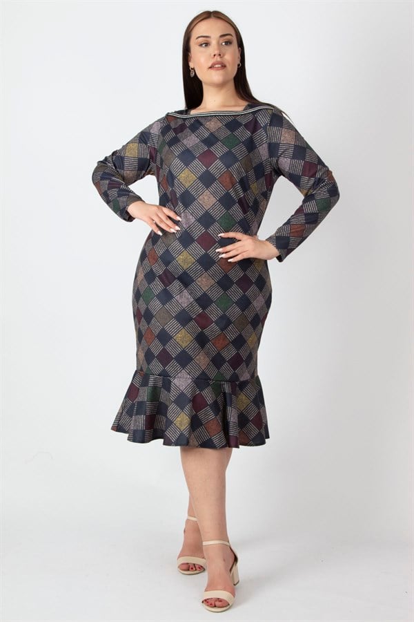 WOMEN'S NAVY BLUE PLAID PATTERNED COLLAR DETAILED DRESS WITH FLOUNCED HEM
