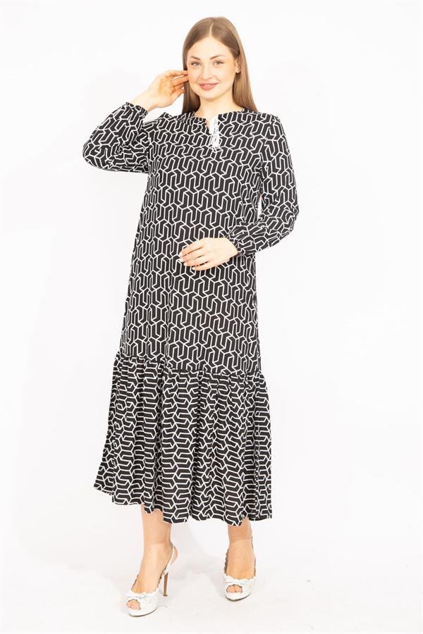 Kadın Siyah Dokuma Viskon Kumaş Etek Ucu Katlı Uzun Kollu Elbise 65N35511