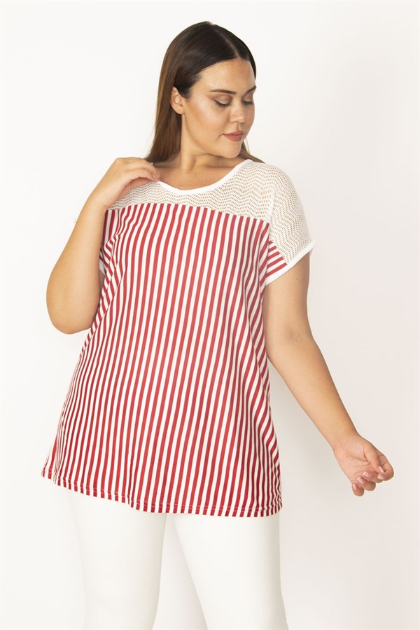 Kadın Kırmızı Ön Robası Dantel Detaylı Düşük Kollu Çizgili Bluz 65N27394
