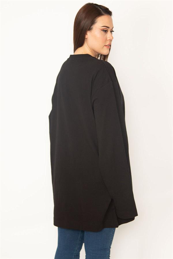 Kadın Siyah Büyük Beden Pamuklu Kumaş Taş Detaylı Tunik 65N35776