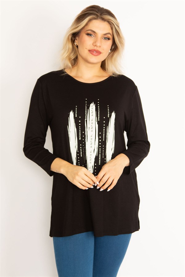 Kadın Siyah Taş Ve Baskı Detaylı Bluz 65N34713