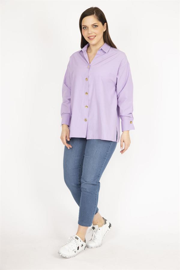 Kadın Lila Büyük Beden Metal Düğmeli Manşetli Gömlek