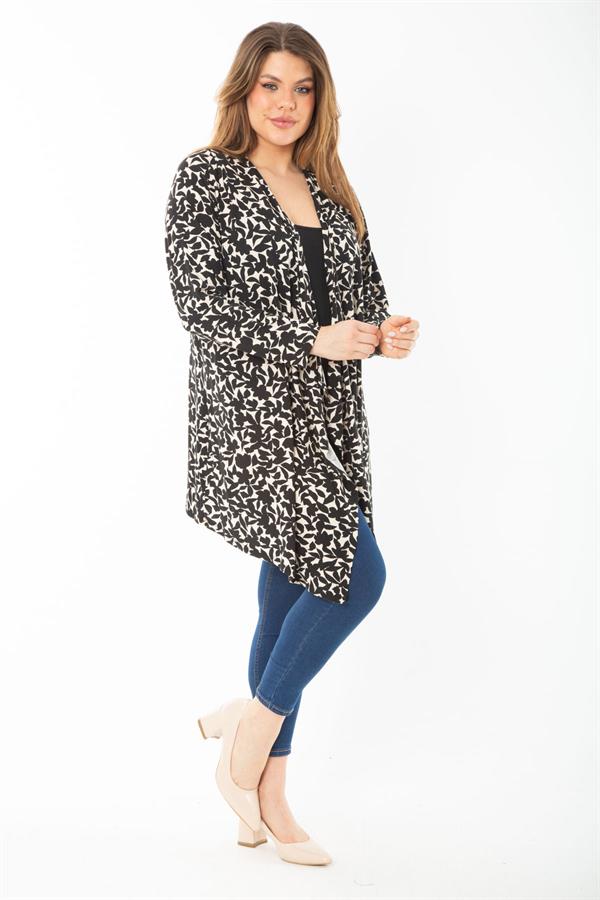 Kadın Büyük Beden Siyah Uzun Kollu Desenli Viskon Hırka 65N37429