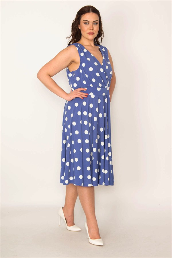 KADIN MAVİ ANVELOP YAKALI PUAN DESENLİ ELBİSE