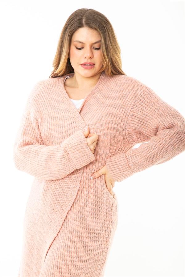 Kadın Büyük Beden Pembe Yırtmaçlı Kalın Triko Uzun Hırka 65N37139