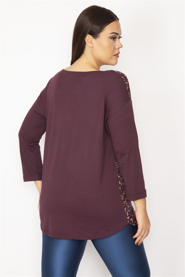 Kadın Mürdüm Ön Desenli Fermuar Patlı Kapri Kol Bluz 65N34386