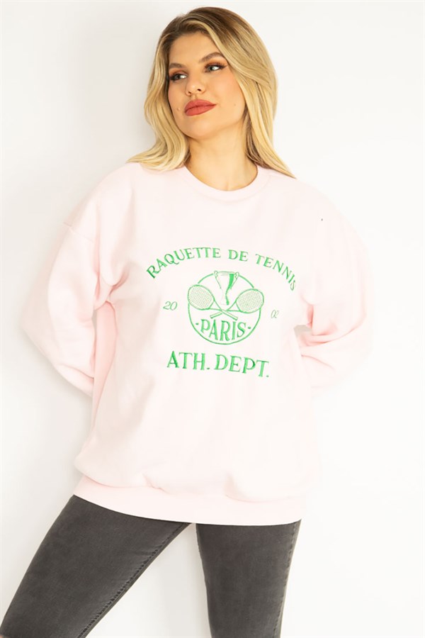 Kadın Pembe 3 İplik İçi Şardonlu Polar Nakışlı Sweatshirt 65N35073