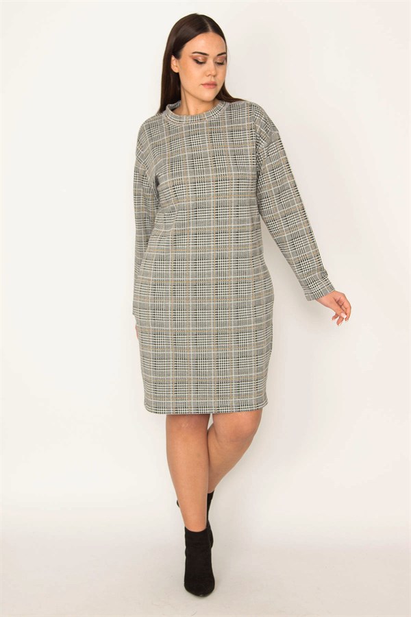 KADIN GRİ EKOSE DESENLİ SIFIR YAKA YAN CEPLİ ELBİSE