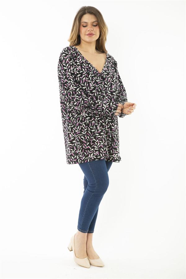 Kadın Büyük Beden Mor Yaka Pileli Kapri Kollu Bluz 65N37148