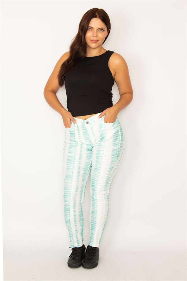 Kadın Yeşil Batik Desenli Likralı 5 Cep Kot Pantolon 26A34146