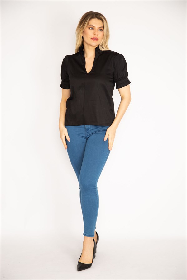 Kadın Beyaz Yaka Ve Kol Ağzı Fırfır Detaylı Poplin Bluz 65N35174