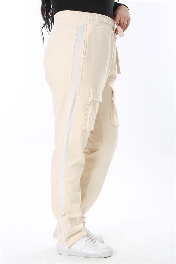 Kadın Büyük Beden Bej Cep Ve Yan Paça Çıtçıt Düğme Detaylı Spor Pantolon 65N38676