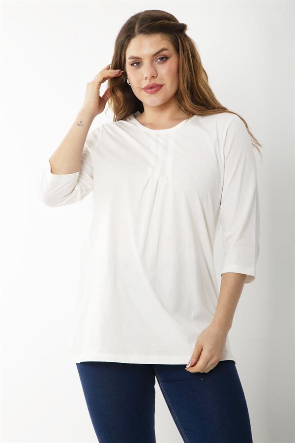 Kadın Büyük Beden Kemik Pamuklu Kumaş Pile Detaylı Kapri Kollu Bluz 65N37225