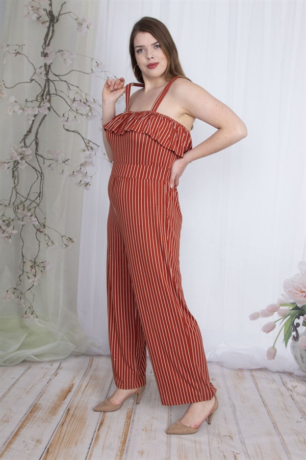 Kadın Tarçın Çizgili Volan Detaylı Askılı Tulum 65N23736
