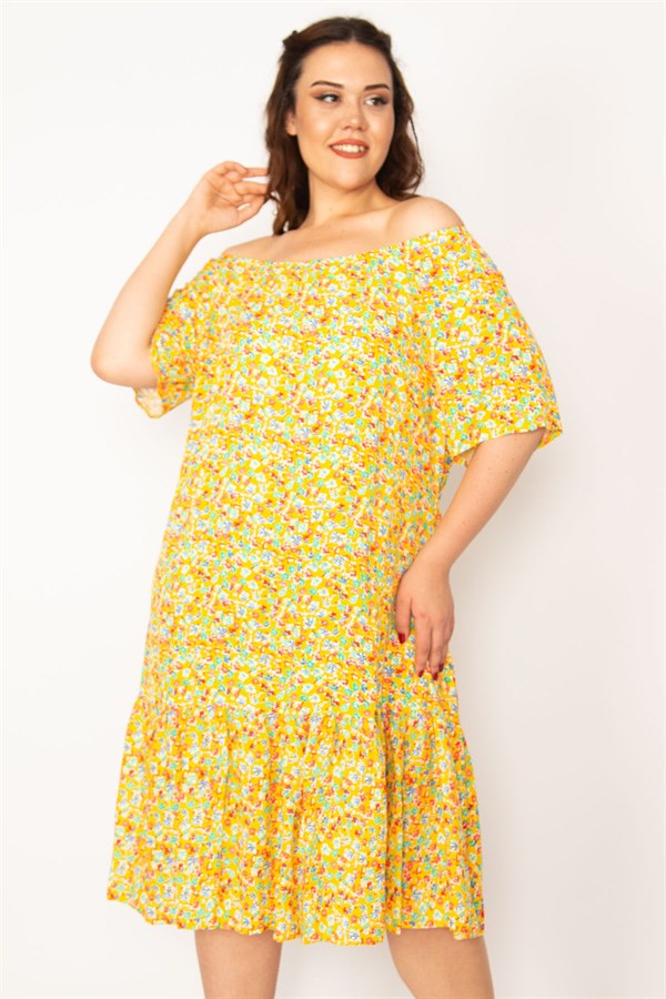 Kadın Fujya Yaka Lastikli Etek Ucu Büzgülü Dokuma Viskon Kumaş Elbise 65N33250