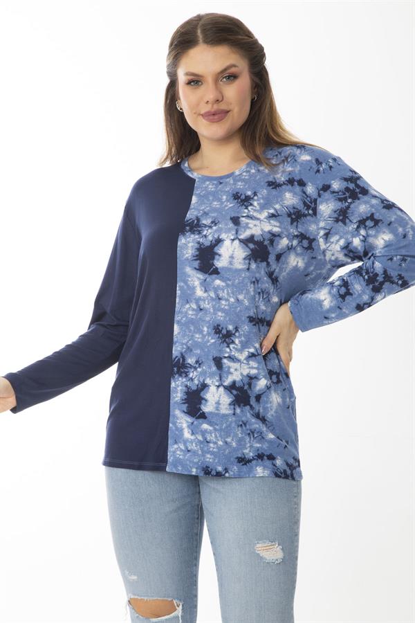 Kadın Büyük Beden Lacivert Bisiklet Yakalı Desenli Bluz 65N37027