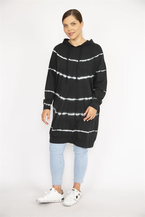 Kadın Büyük Beden Siyah Batik Desenli Kapşonlu Uzun Sweatshirt