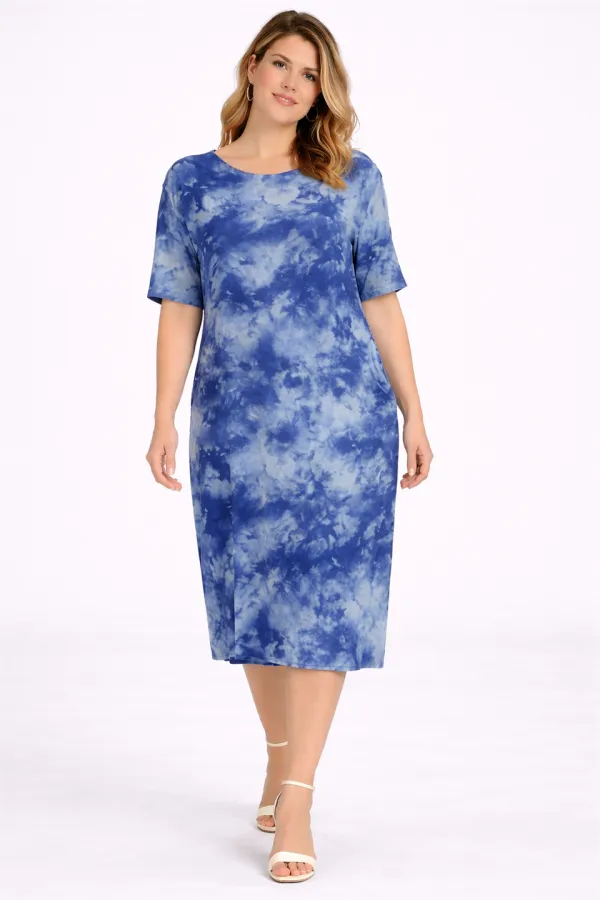 Kadın Büyük Beden Mavi, Batik Desen Viskon Elbise 65N39469