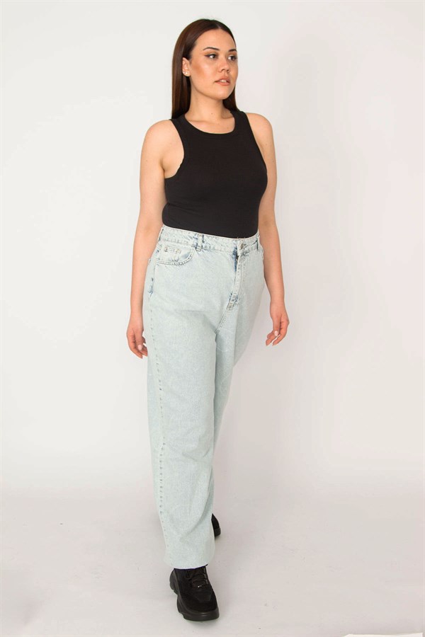 KADIN MAVİ SİLİK BASKILI MOM JEAN PANTOLON
