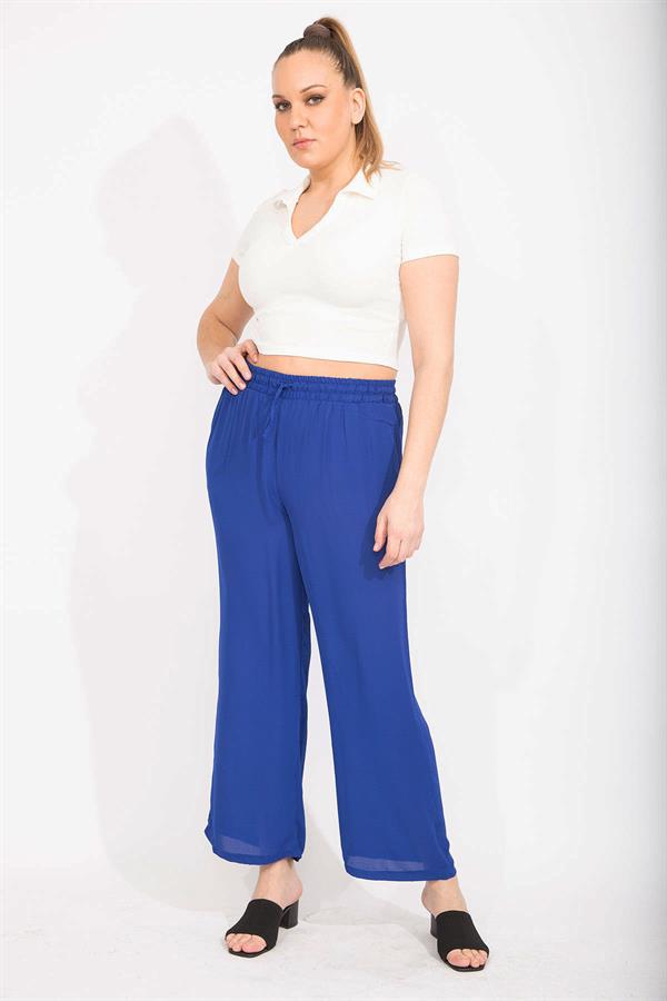 Kadın Saks Krep Şifon Kumaş Astarsız Beli Lastikli Pantolon 65N35555