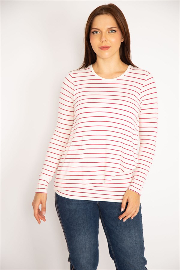 Kadın Kırmızı Önü Anvelop Çizgili Bluz 65N34917