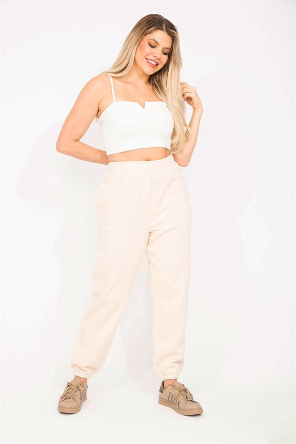 Kadın Bej 3 İplik Polar Kumaş İçi Şardonlu Eşofman Alt 65N35293