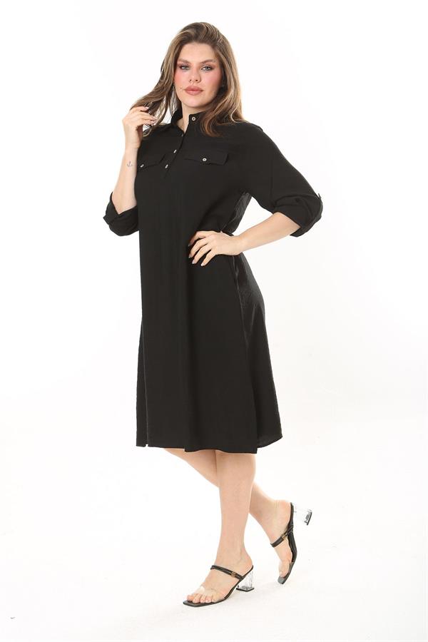 Kadın Büyük Beden Nar Ön Pat Düğmeli Süs Göğüs Cepli Kol Boyu Ayarlı Elbise 65N37871