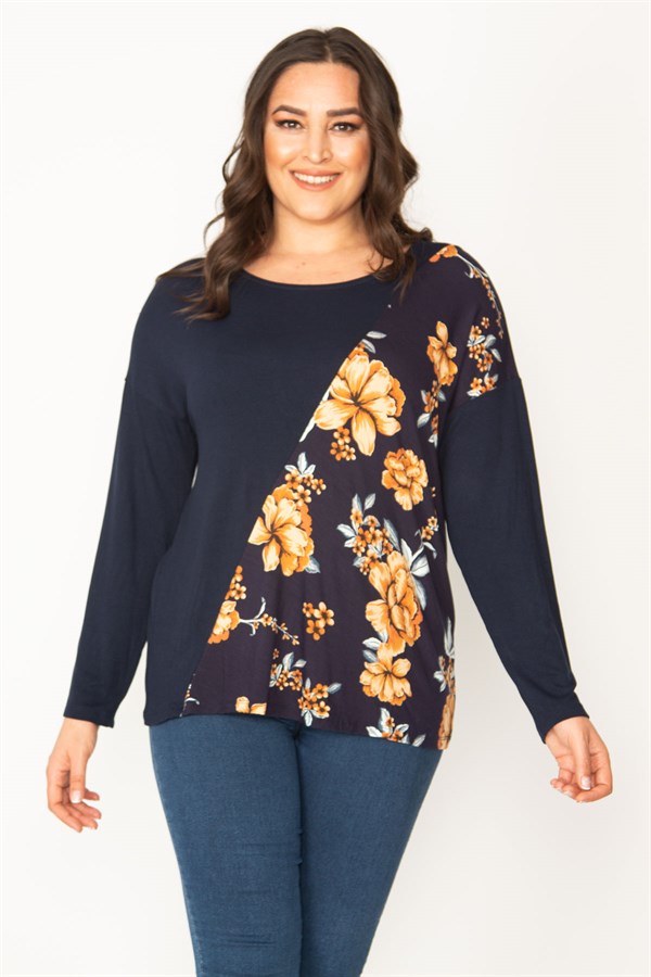 Kadın Lacivert Çieçk Desenli Bisiklet Yaka Tunik 65N30415