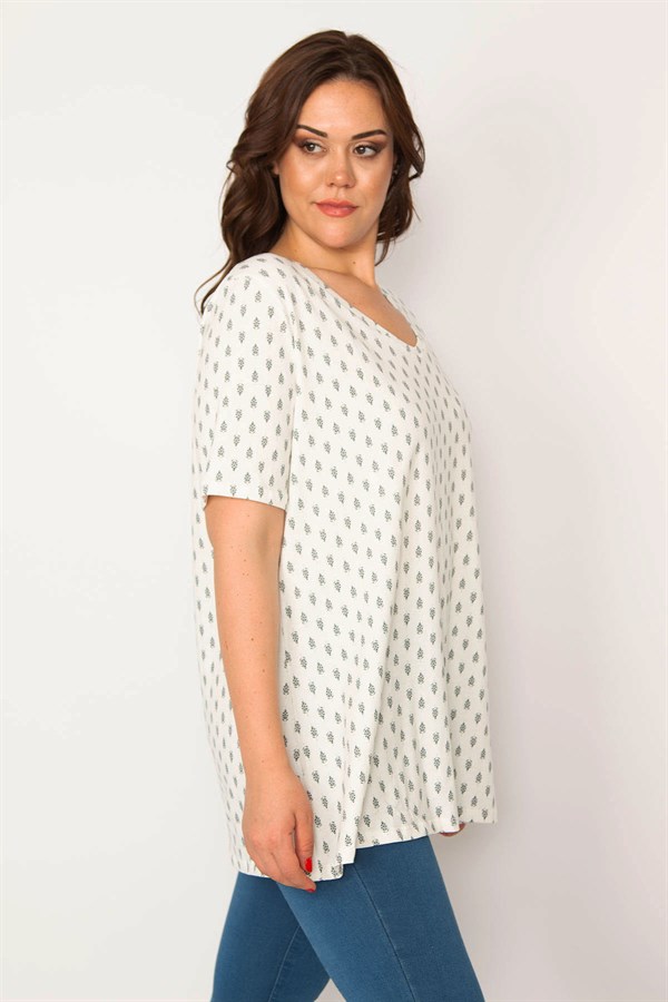 Kadın Kemik Pamuklu Kumaş V Yakalı Desenli Bluz 65N33540