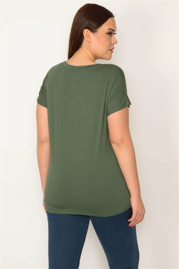 KADIN HAKİ V YAKALI KISA KOLLU BASİC BLUZ