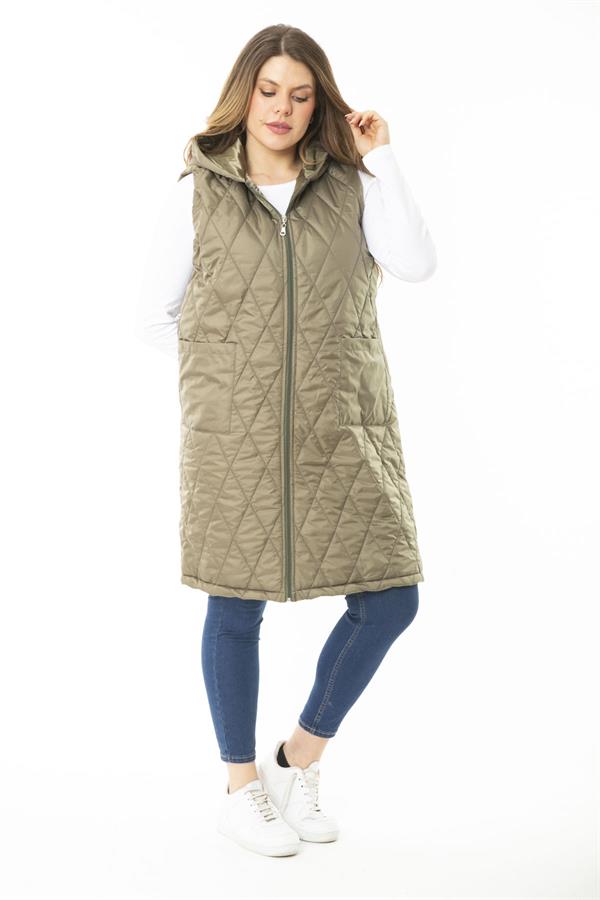 Kadın Büyük Beden Haki Ön Dermuarlı Kapşonlu Kapitone Astarlı Uzun Mont 65N37107